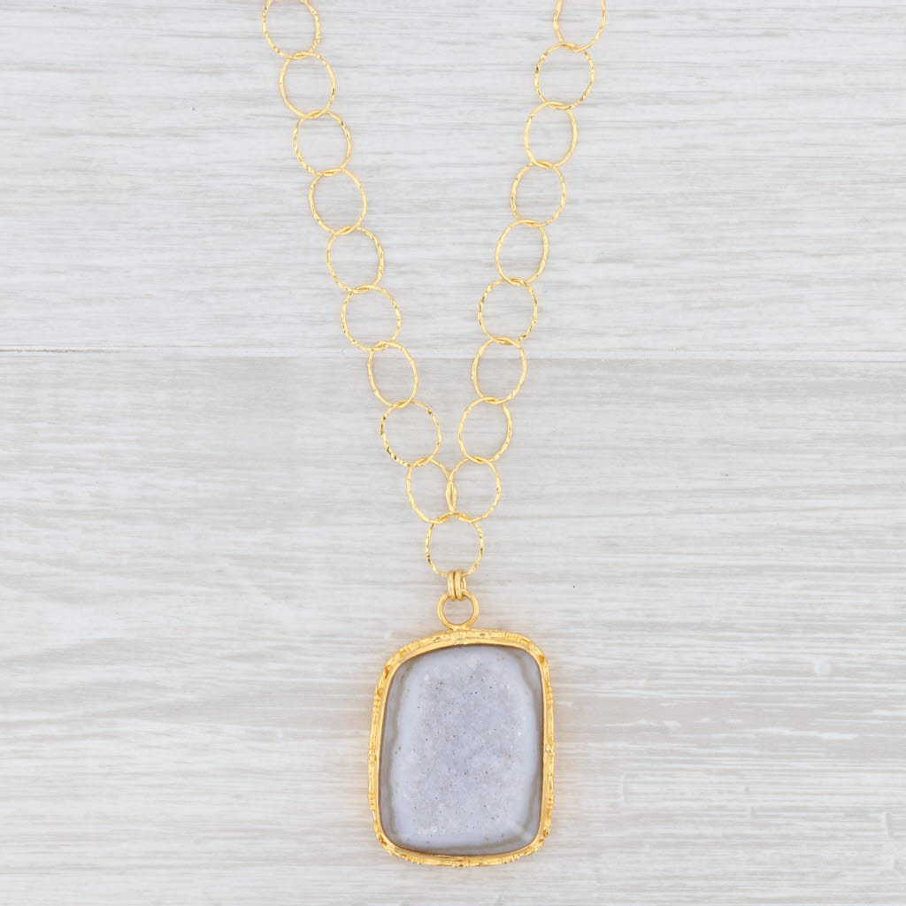 Light Gray New Nina Nguyen White Druzy Quartz Agate Pendant Necklace Gold Vermeil Sterling
