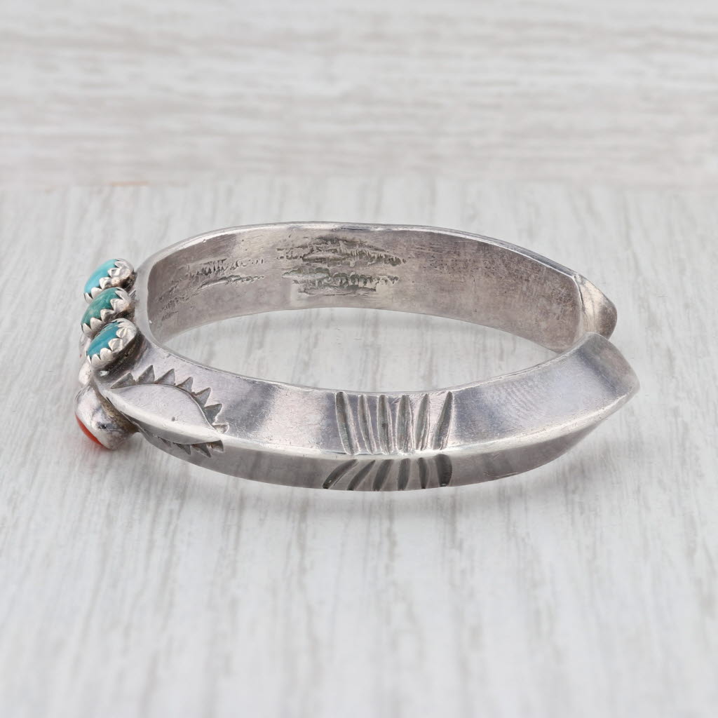 Light Gray Native American Cuff Bracelet Sterling Silver Coral Turquoise 6.5" 12.2mm
