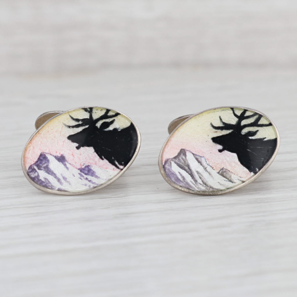 Light Gray Gustov Hellstrom Caribou Reindeer Cufflinks Silver 925S Guilloche Enamel Norway