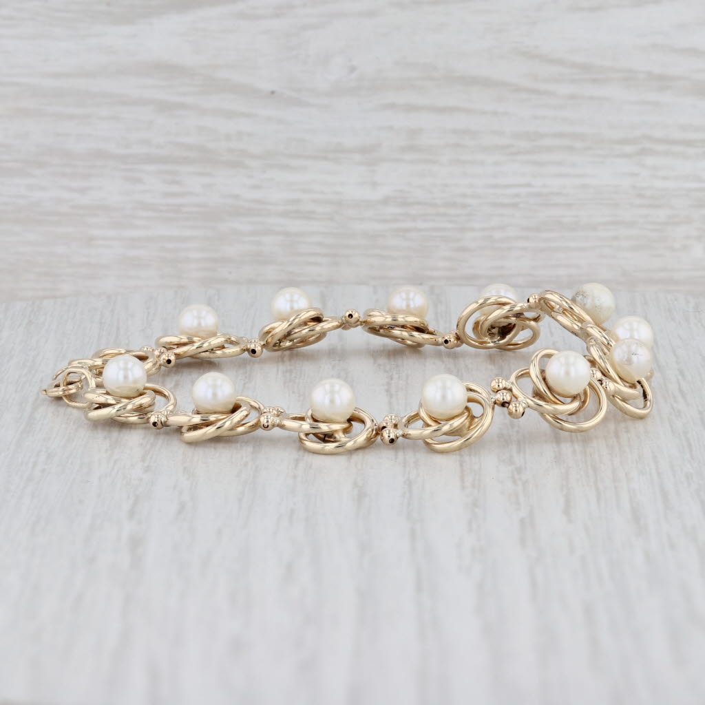 Light Gray Cultured Pearl Knot Links Bracelet 14k Yellow Gold 7.5" 11.7mm