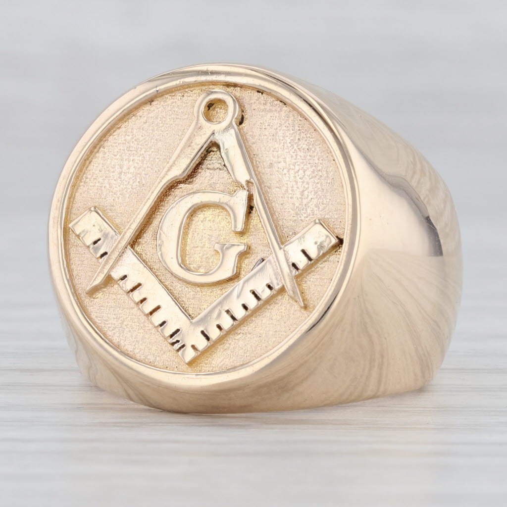 Light Gray Masonic Signet Ring 10k Yellow Gold Square Compass Blue Lodge Size 10.5