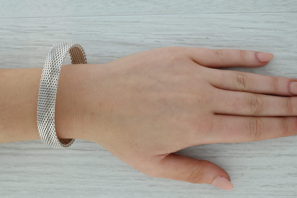 Dark Gray Mesh Chain Bracelet Sterling Silver 925 7.5" 12.3mm Pull Over Statement