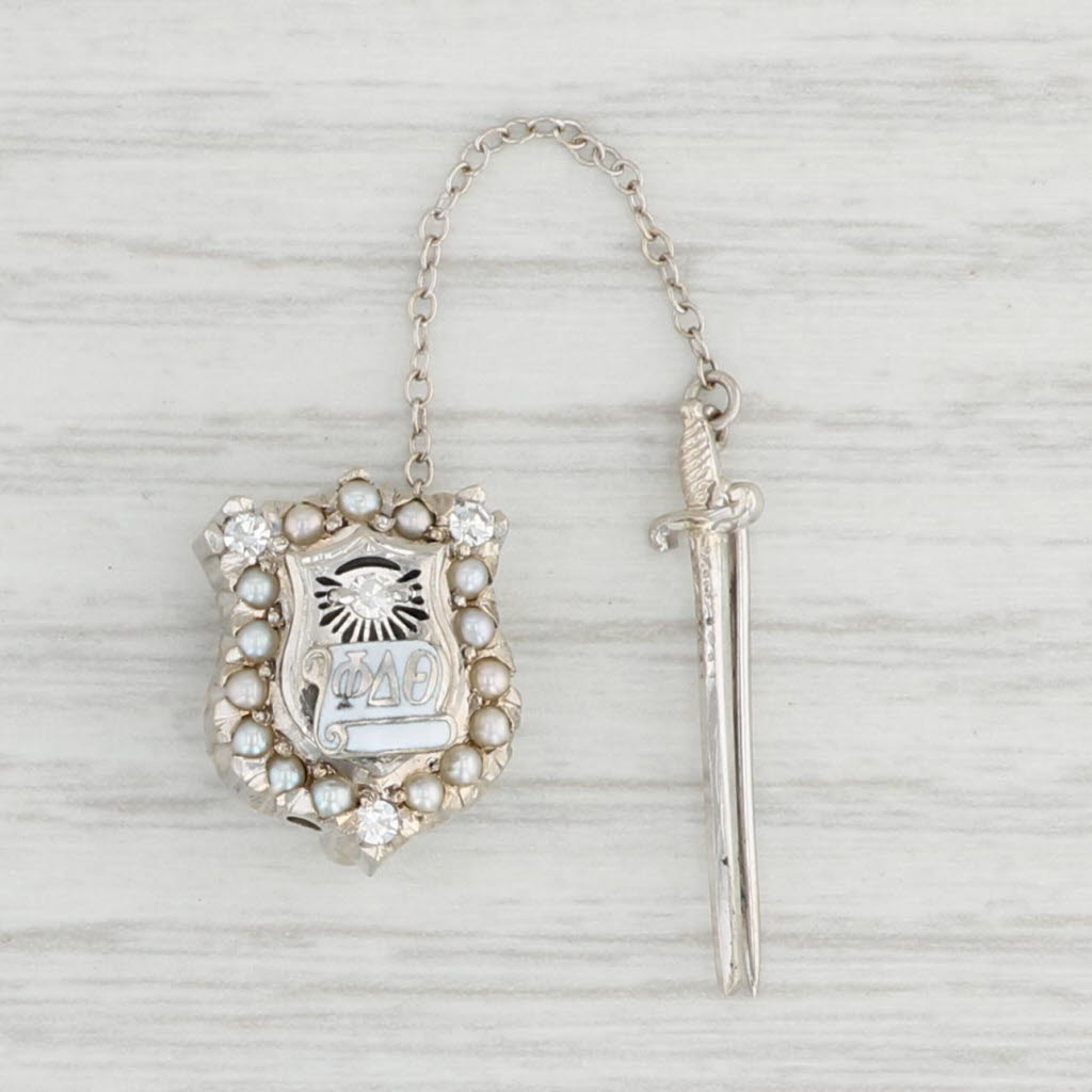 Light Gray Phi Delta Theta Badge 10k White Gold Pearl Diamond Shield Sword Fraternity Pin