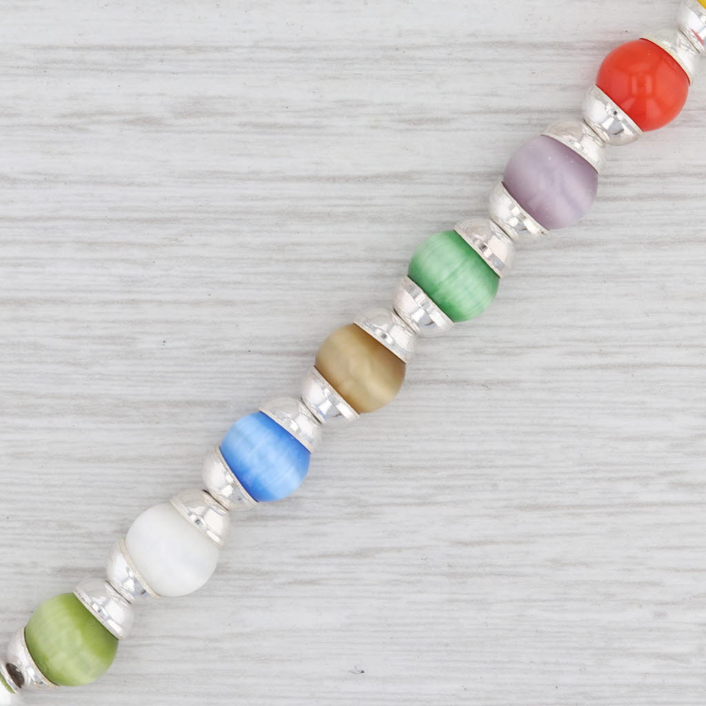 Light Gray New Multi-Color Glass Bead Bracelet Sterling Silver 7.5” Chain Toggle Clasp