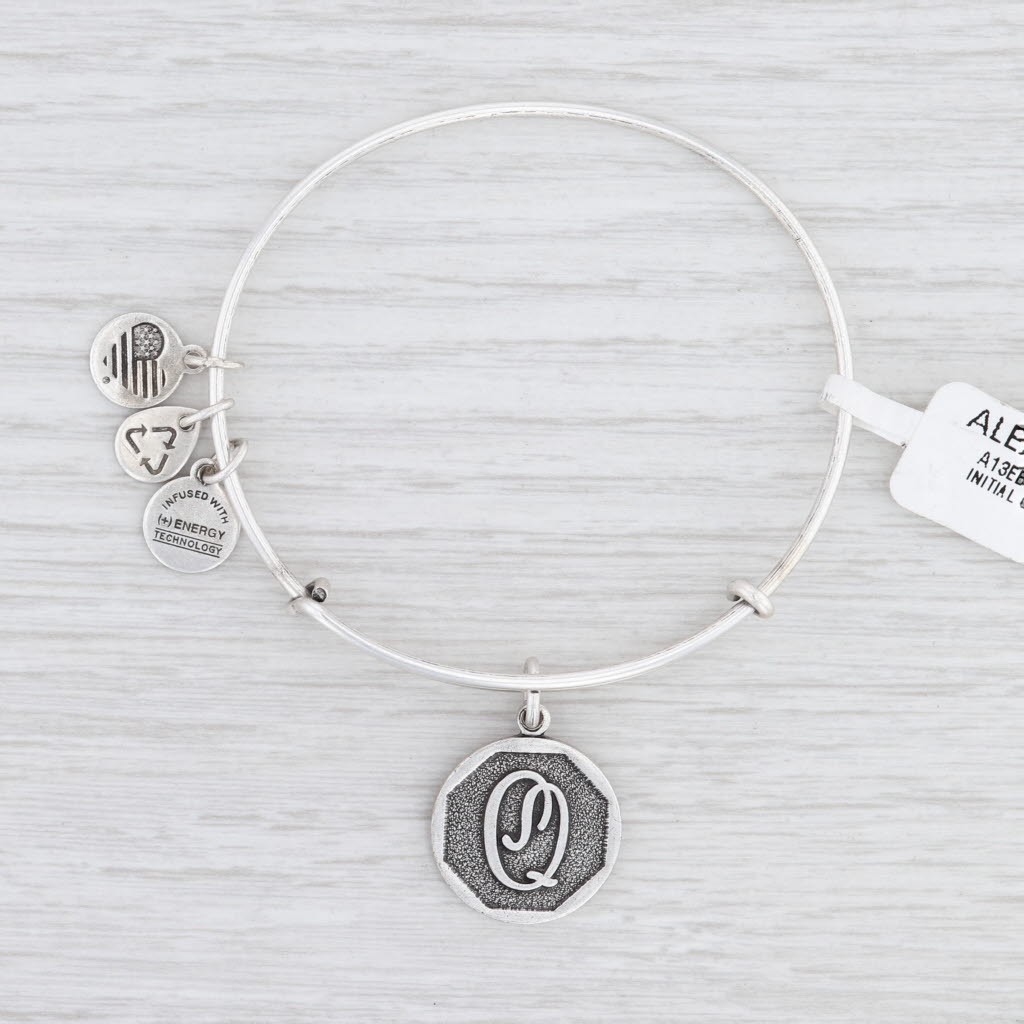 Light Gray New Alex and Ani Initial Q Bangle Charm Bracelet Rafaelian Silver Expandable