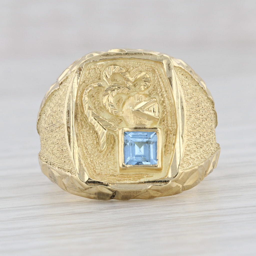 Light Gray Blue Lab Created Spinel Knight Signet Ring 18k Gold Coat of Arms Crest Size 8.5