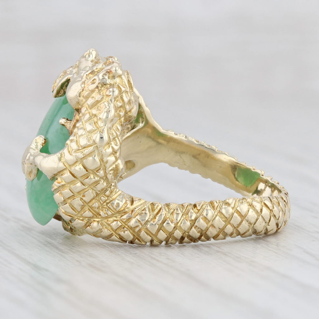 Light Gray Green Jadeite Jade Diamond Dragon Ring 14k Yellow Gold Size 6.5