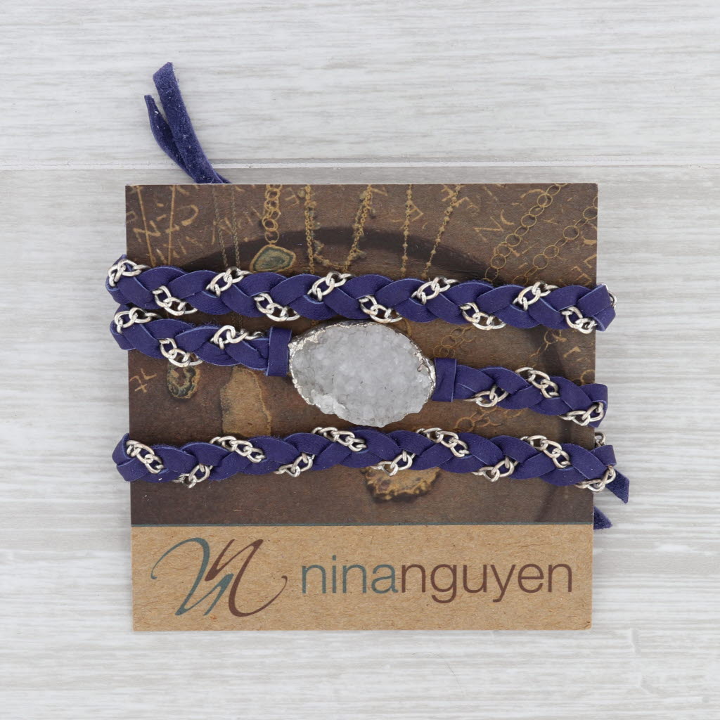 Light Gray New Nina Nguyen Cordelia Necklace Woven Purple Leather White Druzy Pendant
