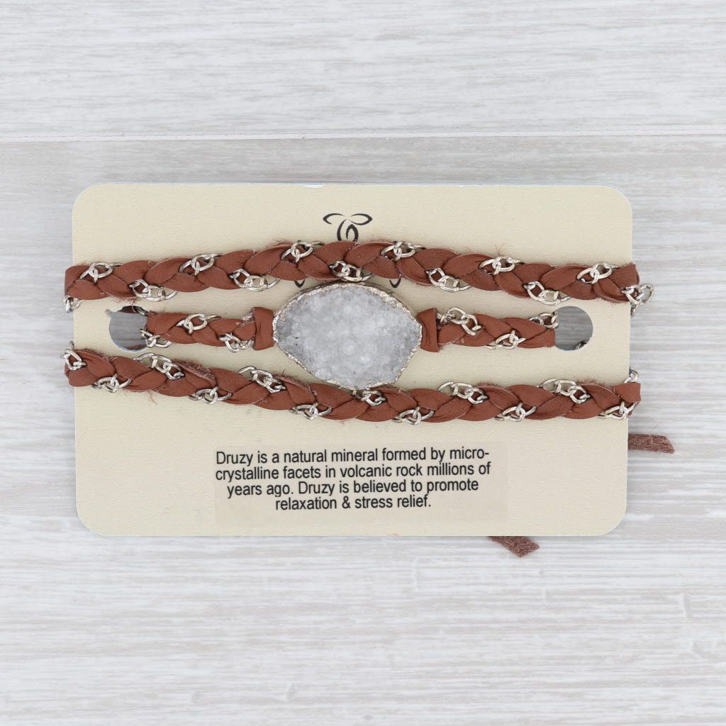 Light Gray New Nina Wynn Cordelia Necklace Woven Brown Leather Tags Druzy Quartz