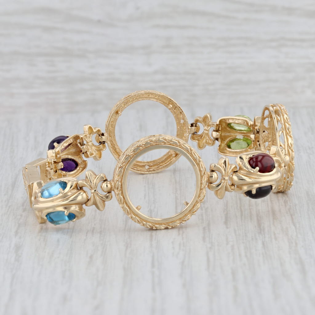 Gray Gemstone Coin Holder Bracelet 14k Yellow Gold Holds 1/10 American Gold Eagles