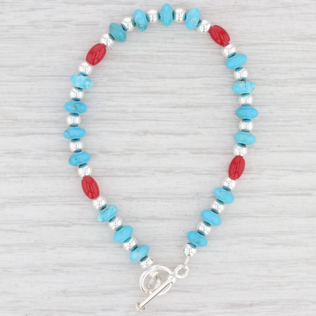 Light Gray New Blue Red Glass Bead Bracelet Sterling Silver 7” 6mm Toggle Clasp