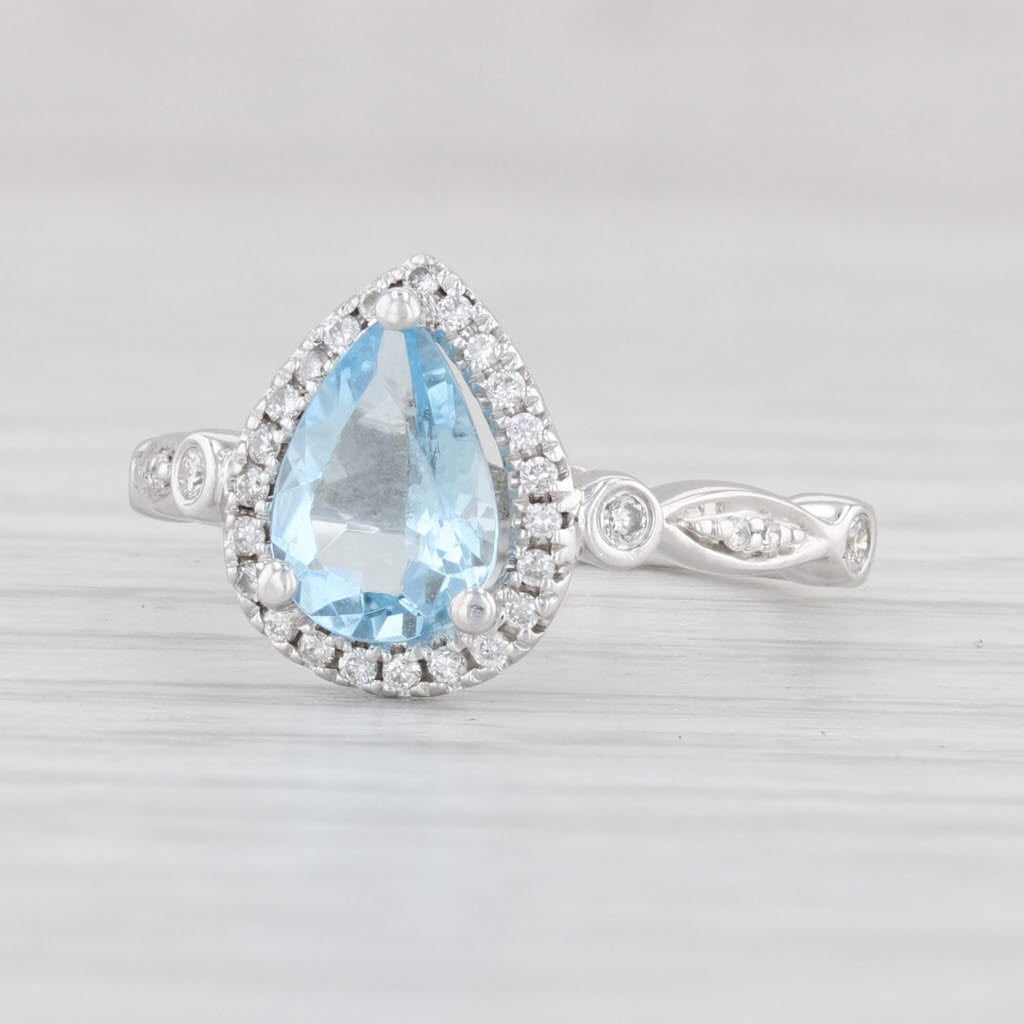 Light Gray 0.88ctw Aquamarine Diamond Halo Teardrop Ring 14k White Gold Size 4