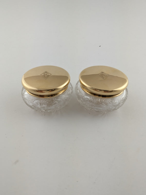 Gray Vintage Set of 2 Glass Jars Bowls with 14k Yellow Gold Lids Floral Etched X440