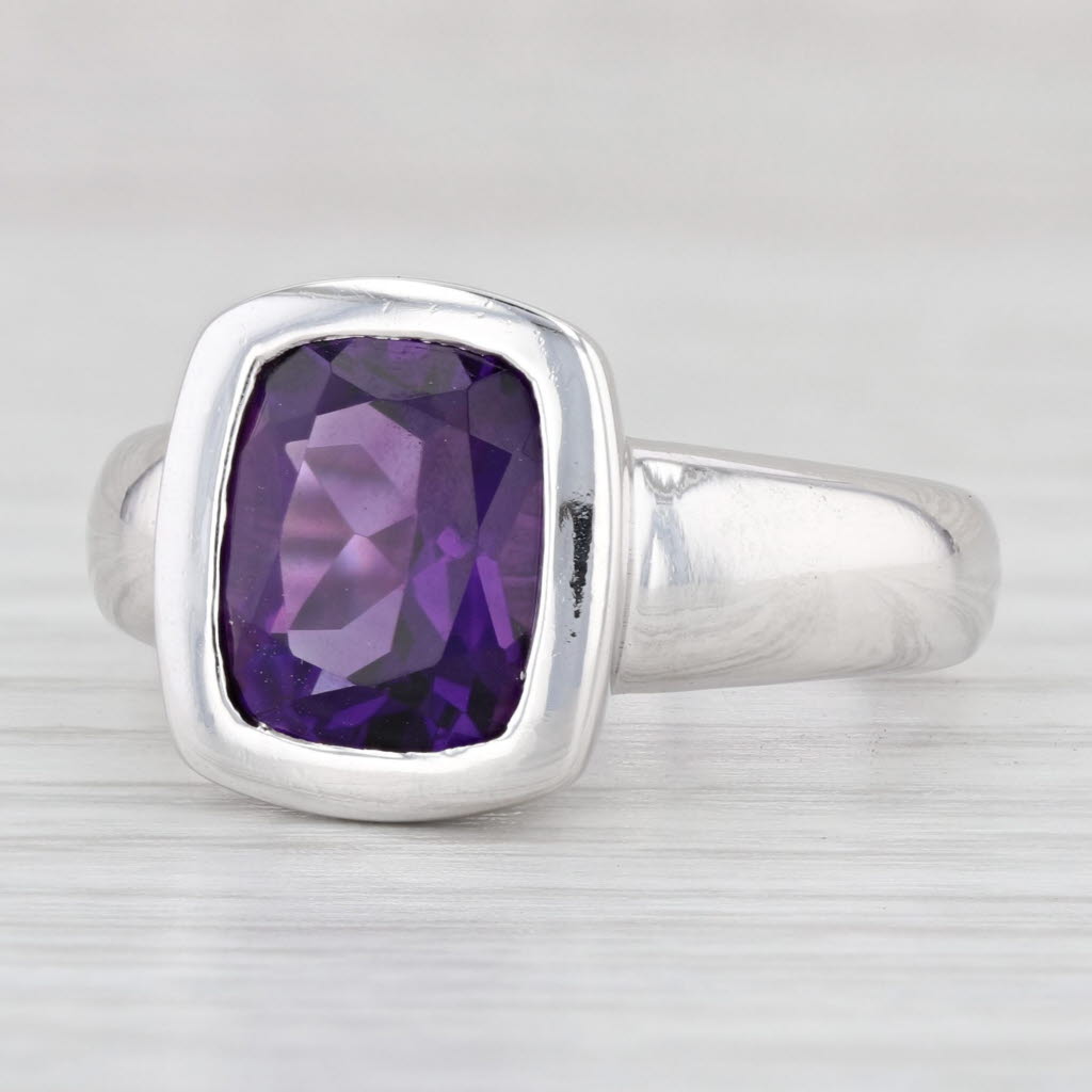 Light Gray 3.15ct Cushion Amethyst Solitaire Ring 14k White Gold Size 7.75