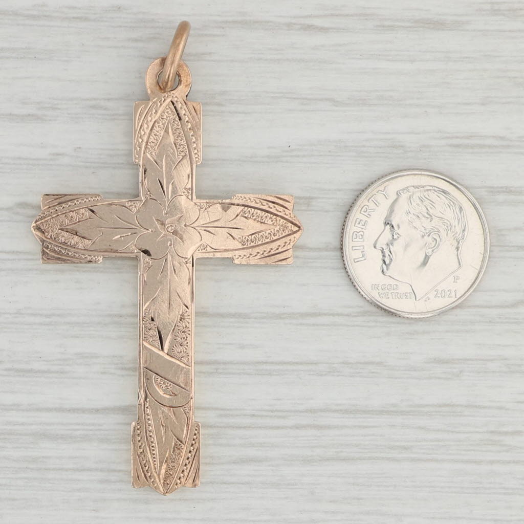 Light Gray Large Vintage Reversible Floral Cross Pendant Gold Filled Charm