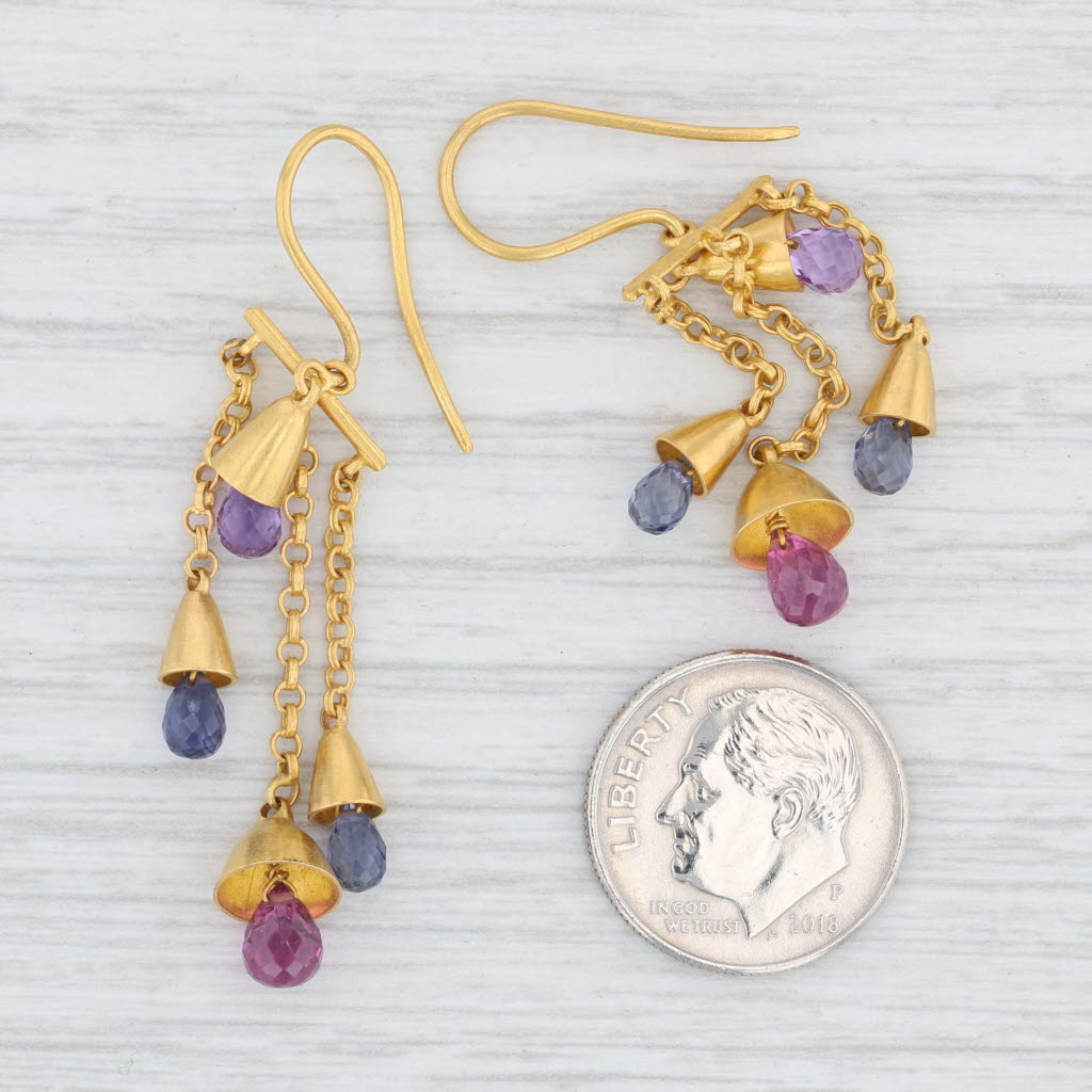 Light Gray Marie Helene de Taillac Gemstone Briolette Bell Earrings 18k 22k Gold Amethyst