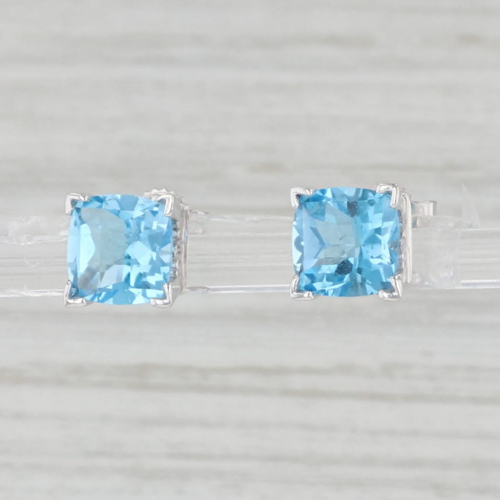 Light Gray 3.60ctw Cushion Blue Topaz Stud Earrings 14k White Gold Pierced Solitaire Studs