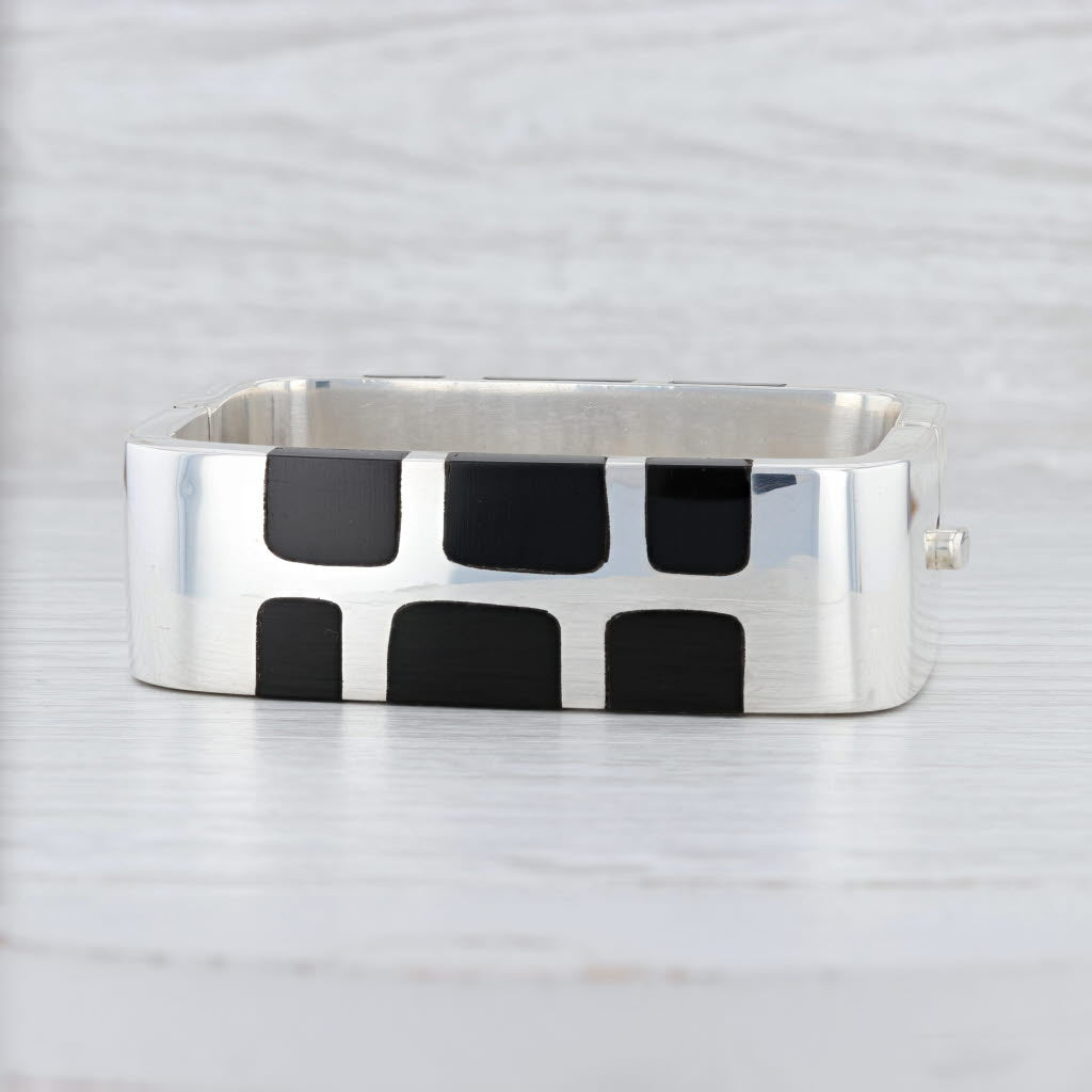 Light Gray Black Obsidian Volcanic Glass Mosaic Bangle Bracelet Sterling Silver 7.5” Taxco