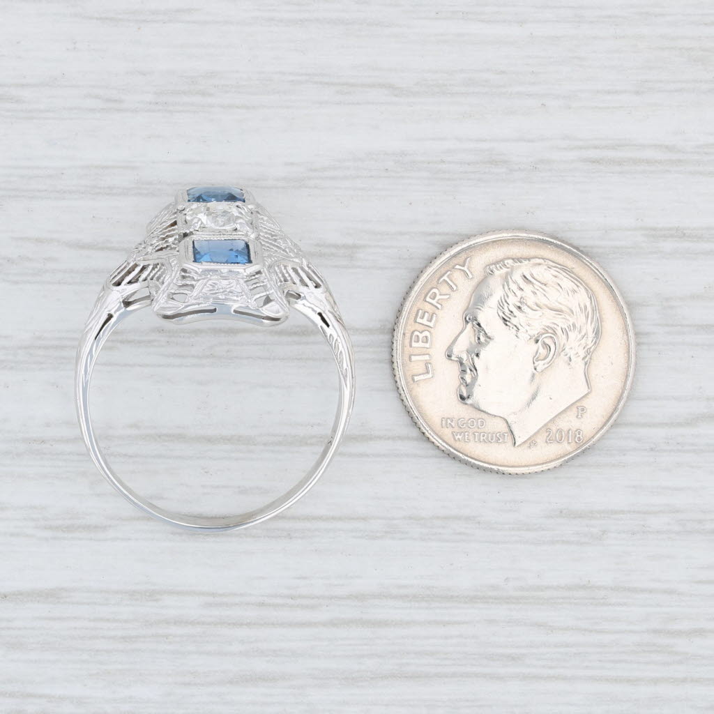 Light Gray Art Deco 1.07ctw Synthetic Blue Sapphire Diamond Ring 18k White Gold Size 8.5