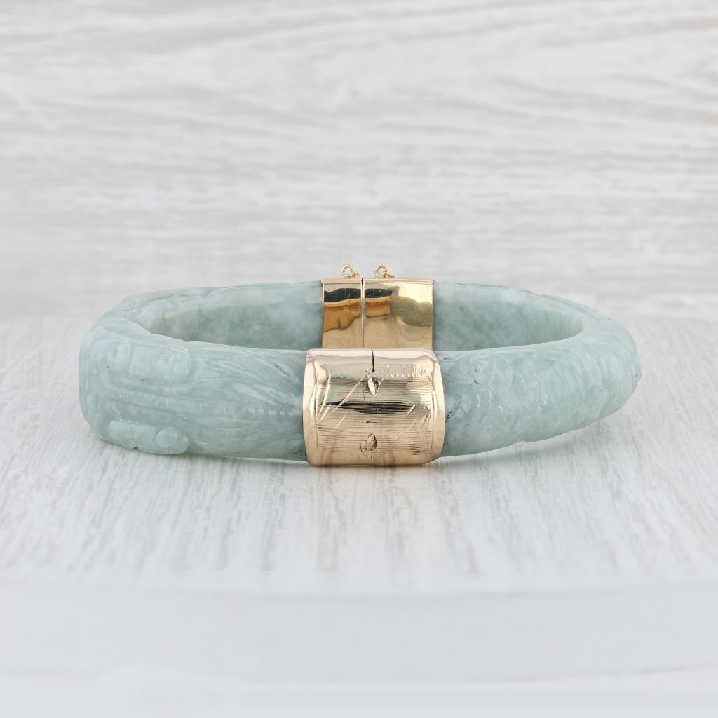 Light Gray Carved Jade Dragon Bangle Bracelet 14k Gold Green Jadeite 7" Asian Statement