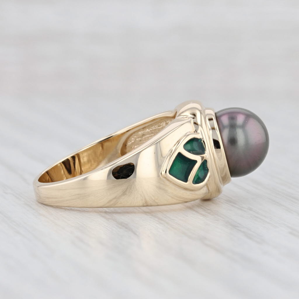 Light Gray Cultured Black Pearl Ring 14k Yellow Gold Resin Size 9 Round Solitaire