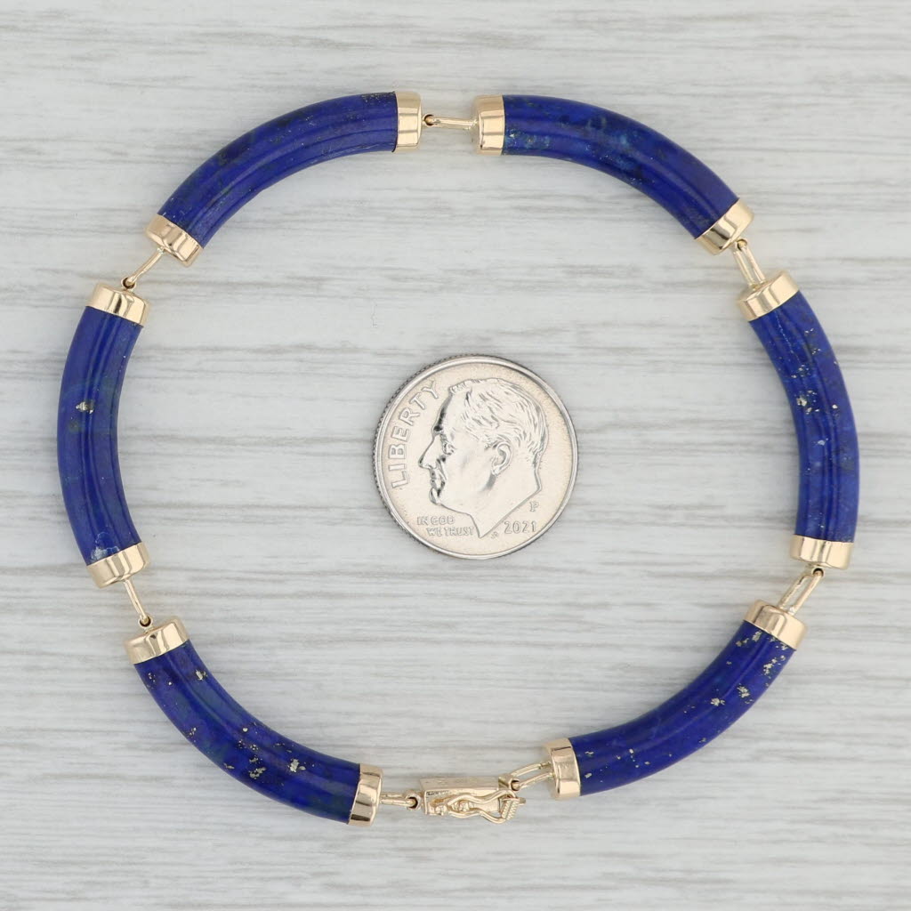 Light Gray Lapis Lazuli Bracelet 14k Gold 7.25" 5.2mm Chinese Character Shou Longevity