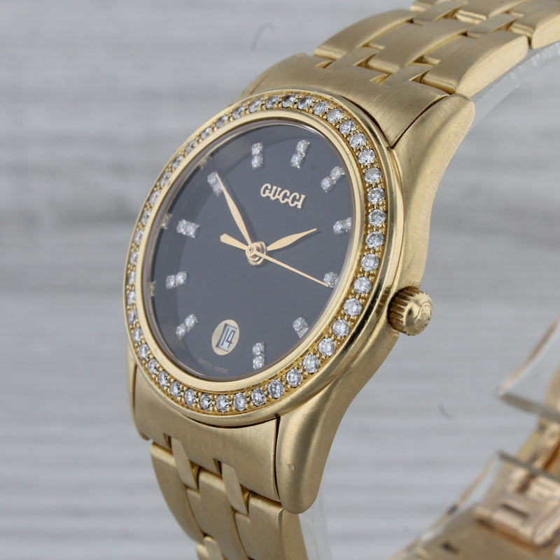 Dark Gray Gucci Solid 18k Yellow Gold 29mm Midsize Quartz Watch Diamond Dial & Bezel w Box