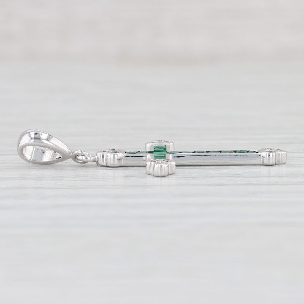 Light Gray 0.42ctw Emerald Diamond Cross Pendant 14k White Gold May Birthstone