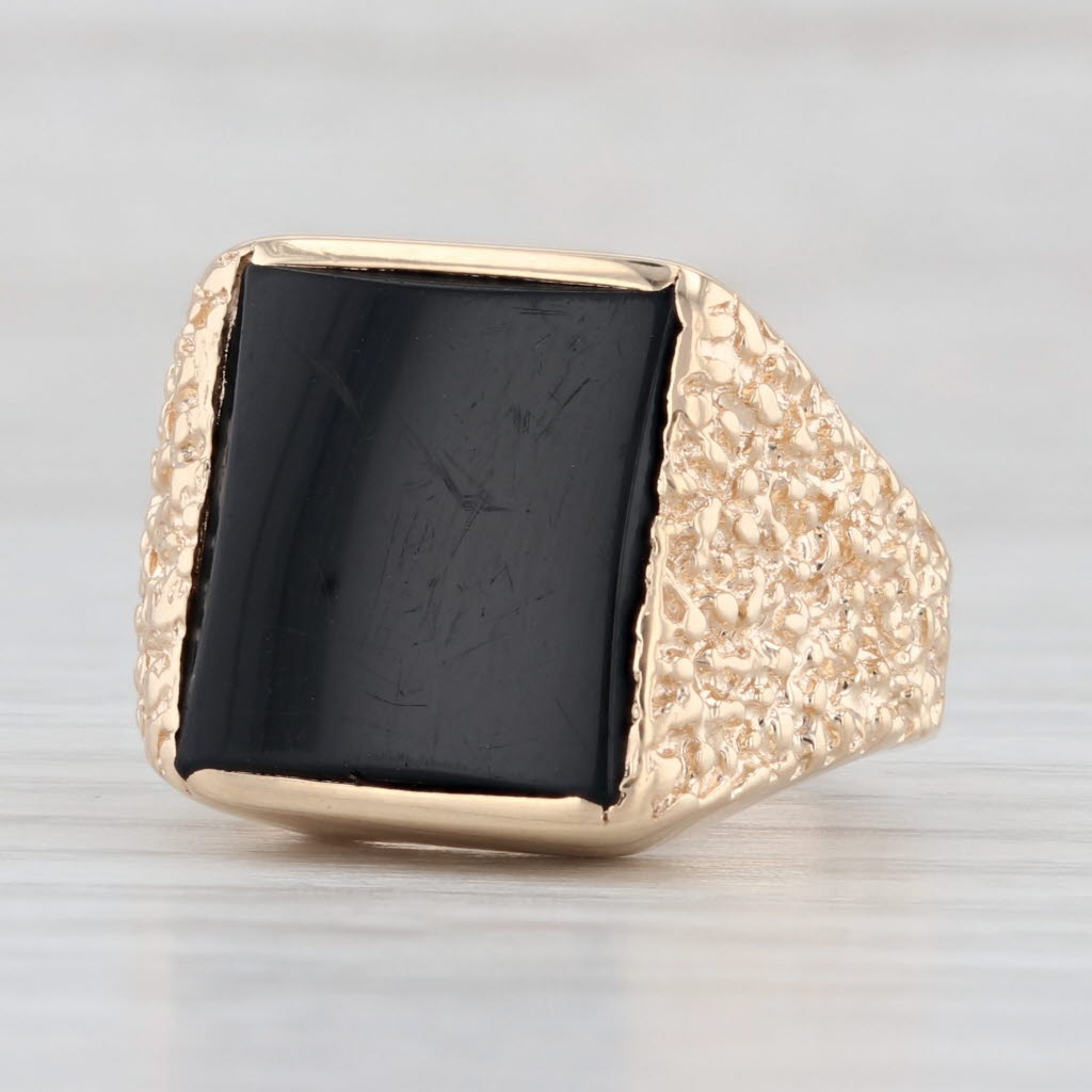 Light Gray Onyx Rectangle Cabochon Solitaire Ring 14k Yellow Gold Nugget Band Size 6.5