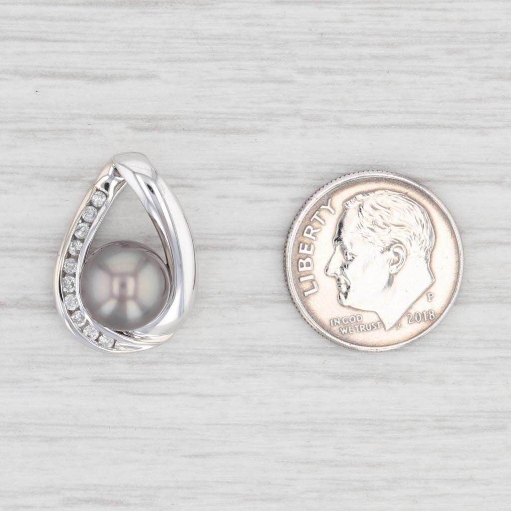 Light Gray Cultured Pearl Diamond Drop Pendant 14k White Gold Gray Saltwater