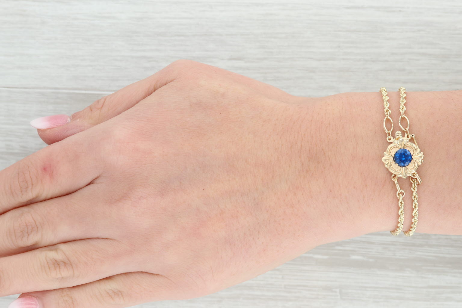 Gray Blue Synthetic Spinel Starter Slide Charm Bracelet 14k Yellow Gold 7”