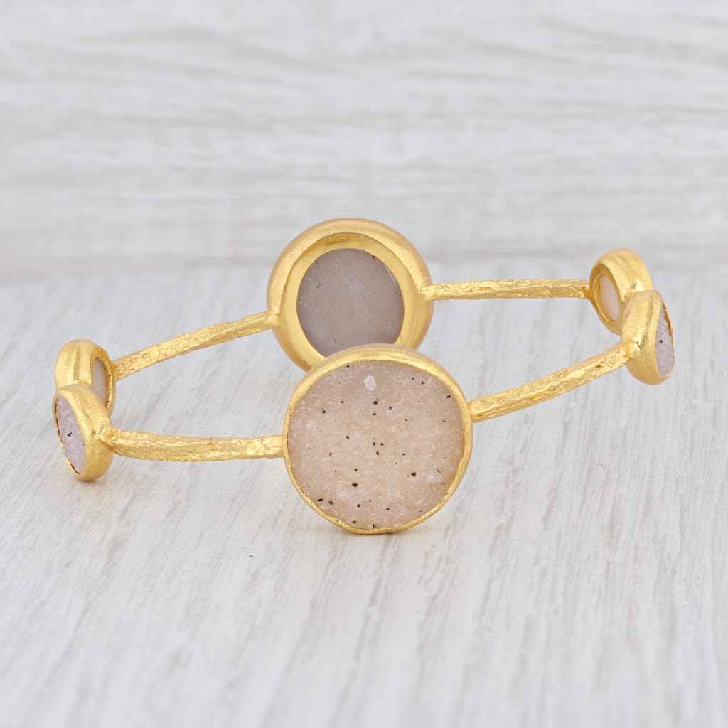 Light Gray New Nina Nguyen Bangle Bracelet Sand White Druzy Quartz Sterling 22k Vermeil 8"