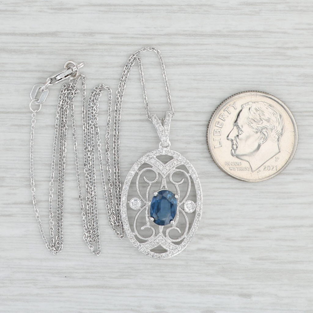 Light Gray 1.07ctw Blue Sapphire Diamond Filigree Pendant Necklace 14k White Gold 18"