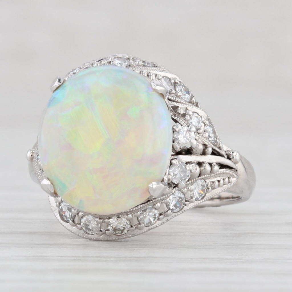 Light Gray Vintage Handcrafted Colorful Opal Diamond Ring 900 Platinum Size 6