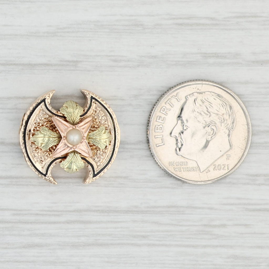 Light Gray Antique Floral Pearl Slide Charm 14k Yellow Green Gold Enamel