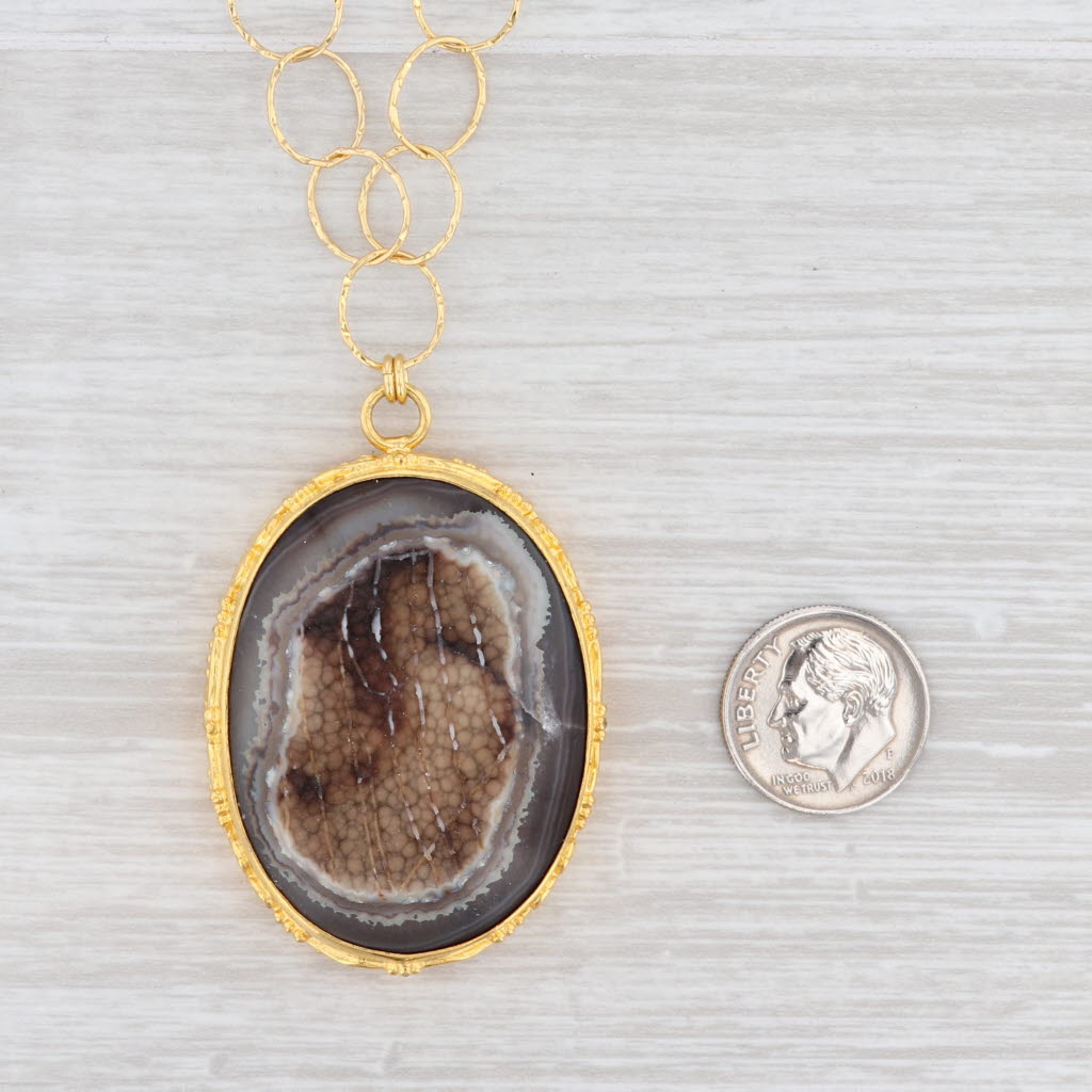 Light Gray New Nina Nguyen Druzy Quartz Agate Pendant Necklace Sterling Silver 22k Gold 21"