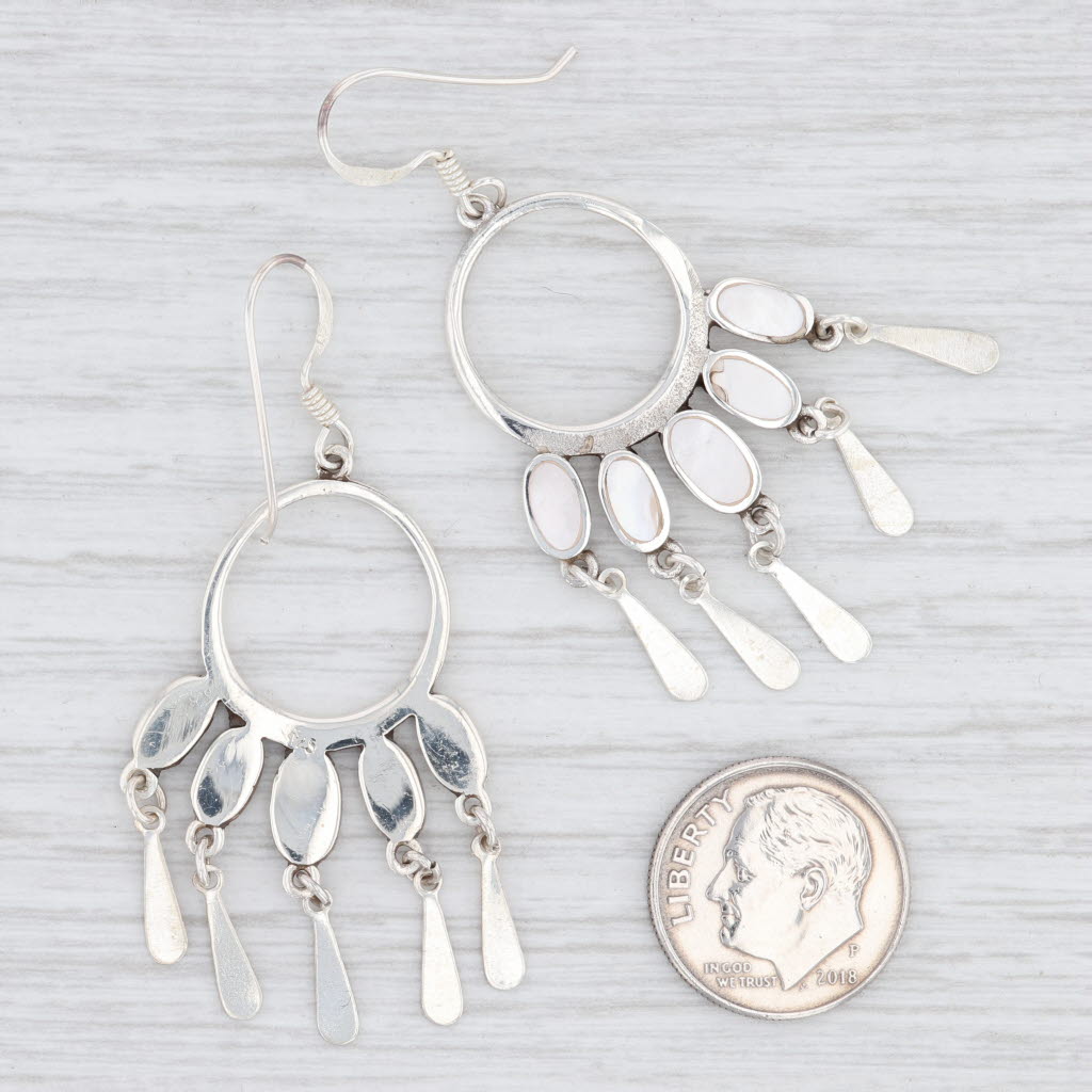 Light Gray New Mother of Pearl Fringe Circle Earrings Sterling Silver Hook Posts Dangle