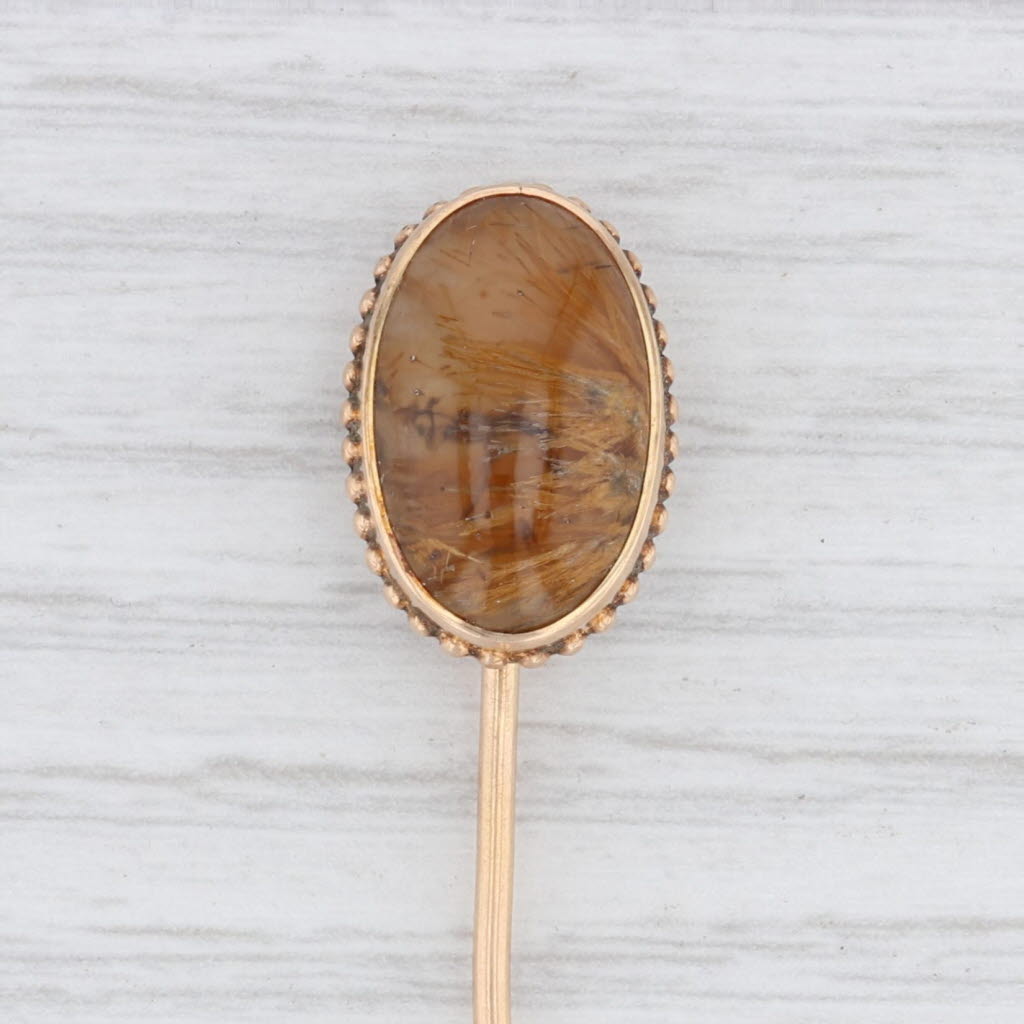 Light Gray Vintage Brown Chalcedony Stickpin 12k Yellow Gold