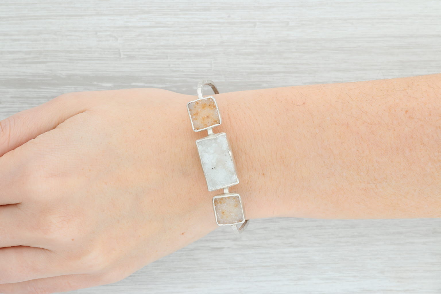 Light Gray New Nina Nguyen Sand Druzy Quartz Bangle Bracelet Hammered Sterling Silver