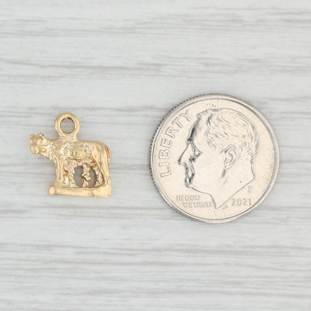 Light Gray Small Vintage Romulus & Remus Wolf Charm 18k Gold Roman Mythology Souvenir