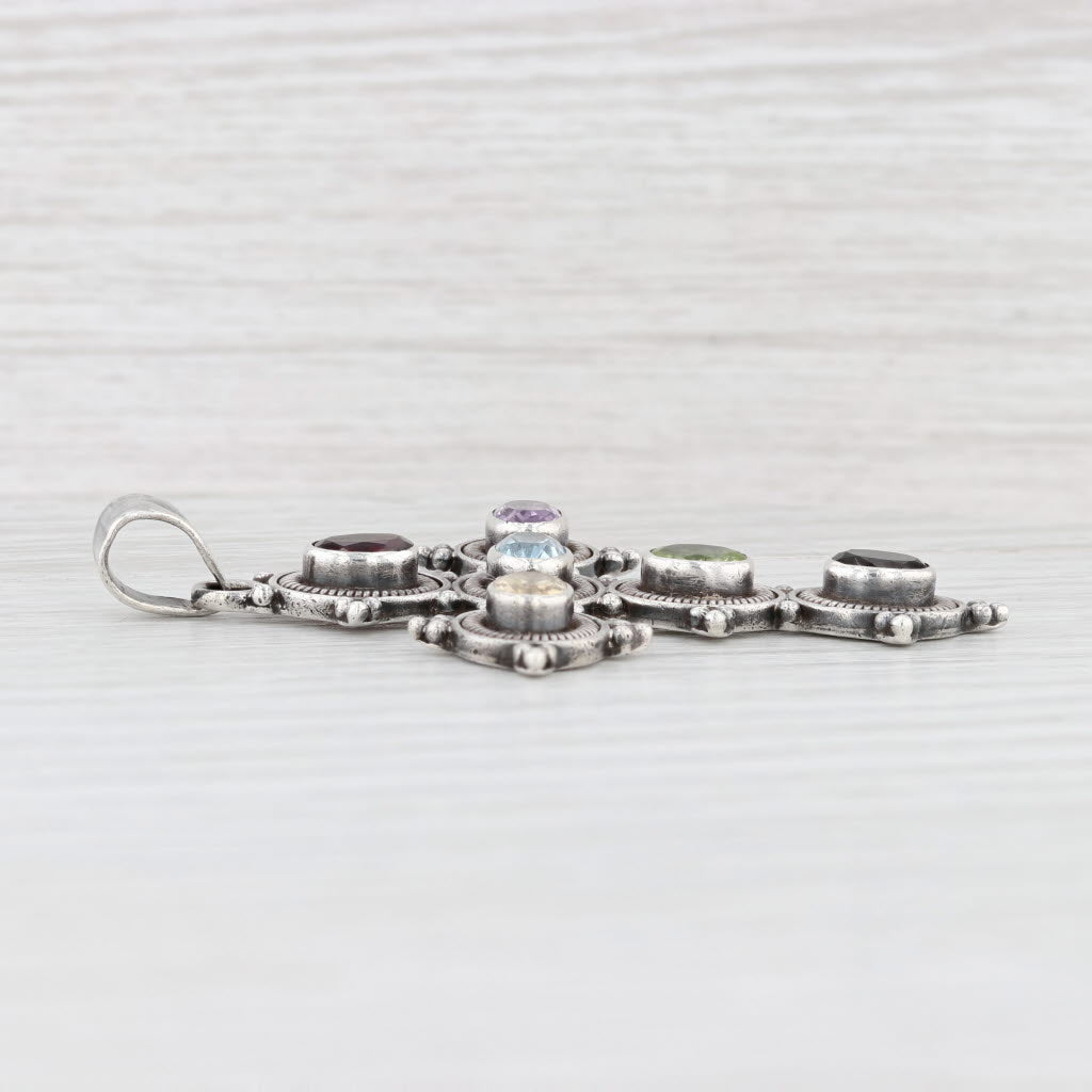 Light Gray 4.70ctw Gemstone Cross Pendant Sterling Silver Garnet Topaz Amethyst Peridot