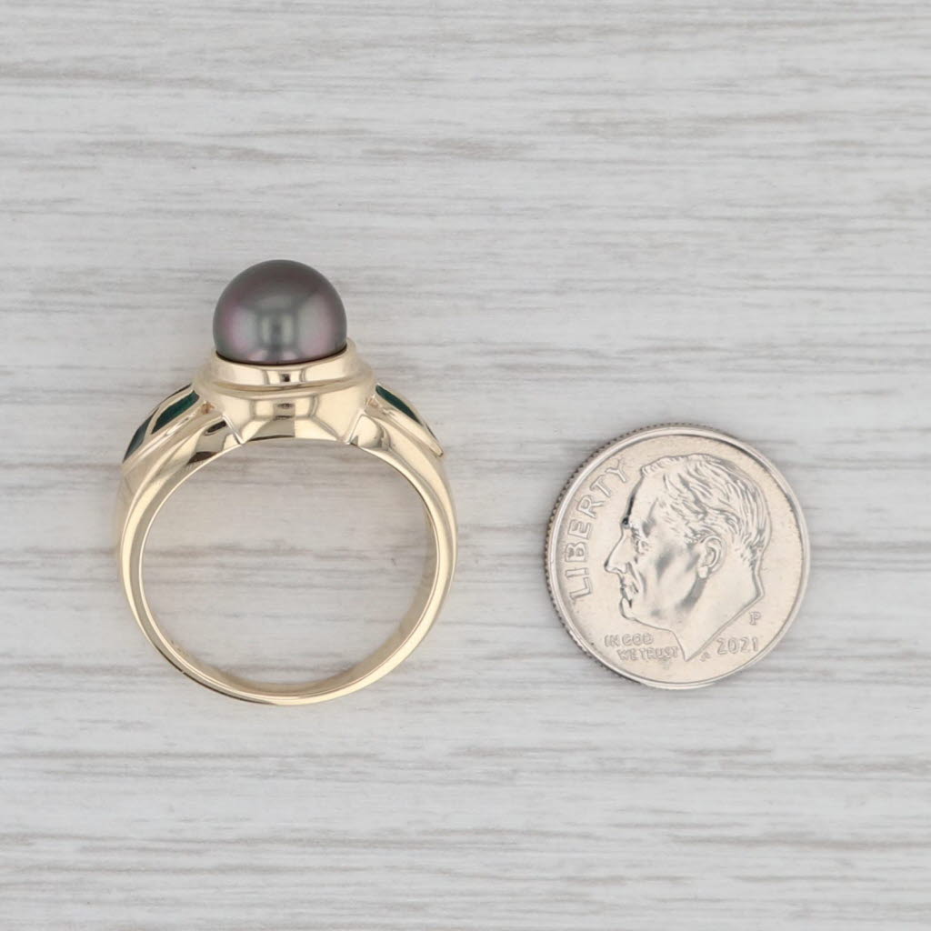 Gray Cultured Black Pearl Ring 14k Yellow Gold Resin Size 9 Round Solitaire