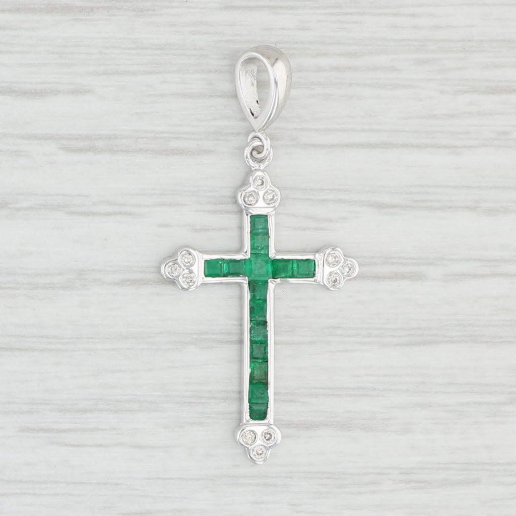 Light Gray 0.42ctw Emerald Diamond Cross Pendant 14k White Gold May Birthstone