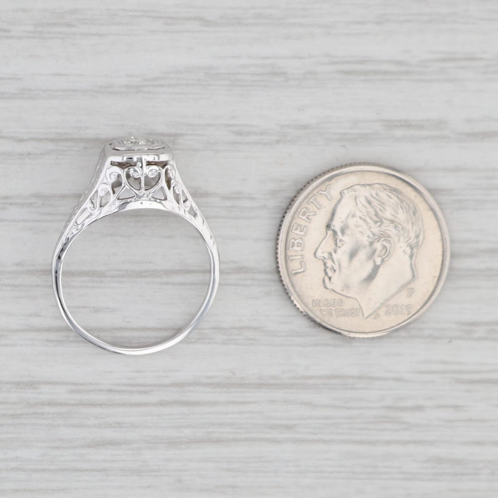 Light Gray Art Deco VS2 Diamond Solitaire Ring 18k White Gold Sz 4.25 Vintage Heart Bridge