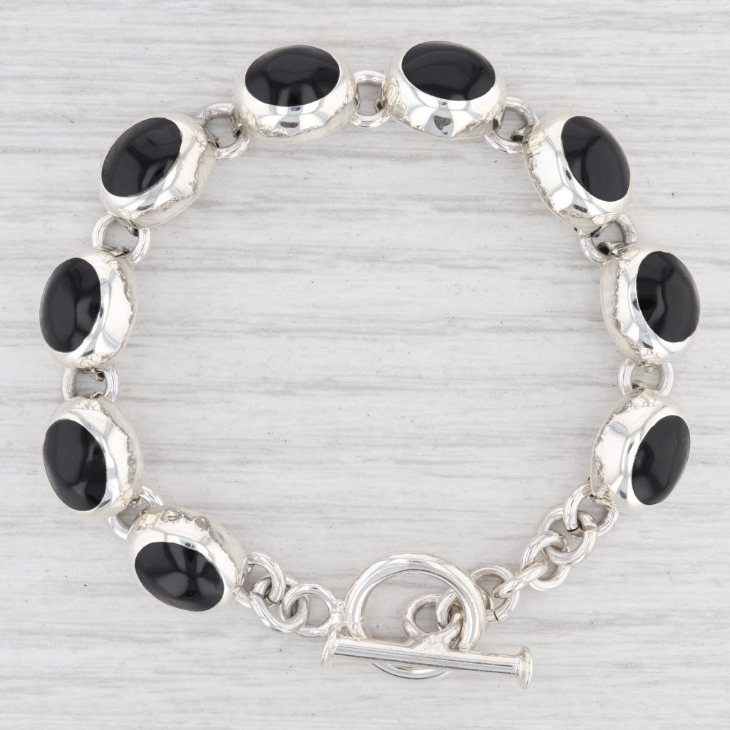 Light Gray New Black Resin Oval Link Bracelet Sterling Silver Toggle Clasp 6.5" 10mm