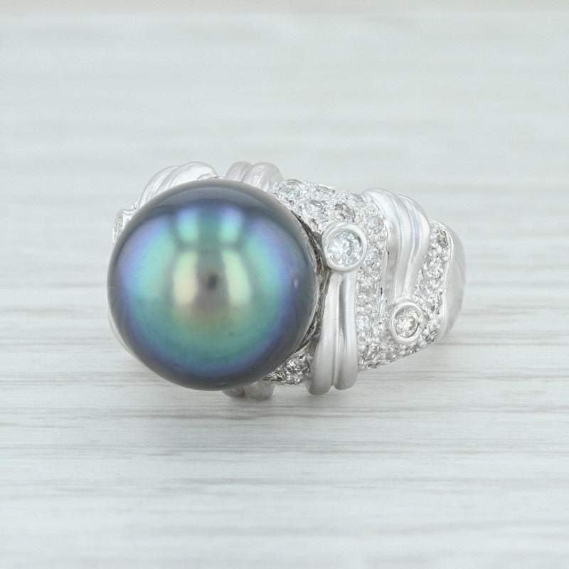 Light Gray Cultured Black Pearl Diamond Cocktail Ring 18k White Gold Size 6.5 High Carat