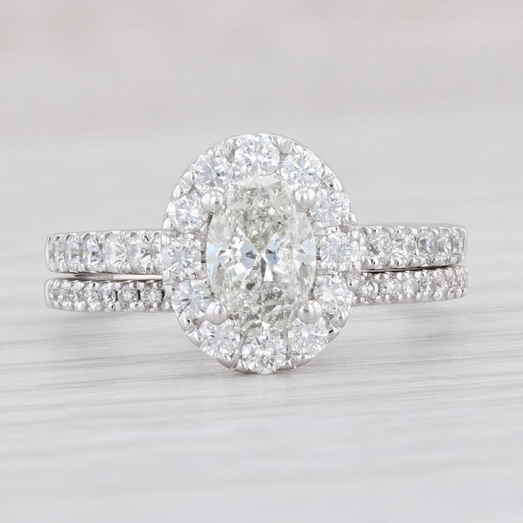 Light Gray 1.55ctw G Oval Diamond Halo Engagement Ring Wedding Band Bridal Set 14k Gold