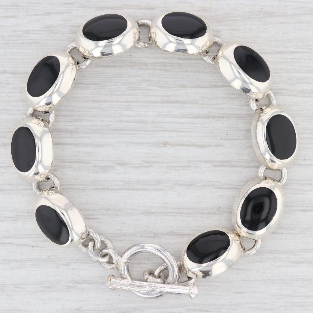 Light Gray New Black Resin Oval Link Bracelet Sterling Silver 7.5” 12.3mm Toggle Clasp