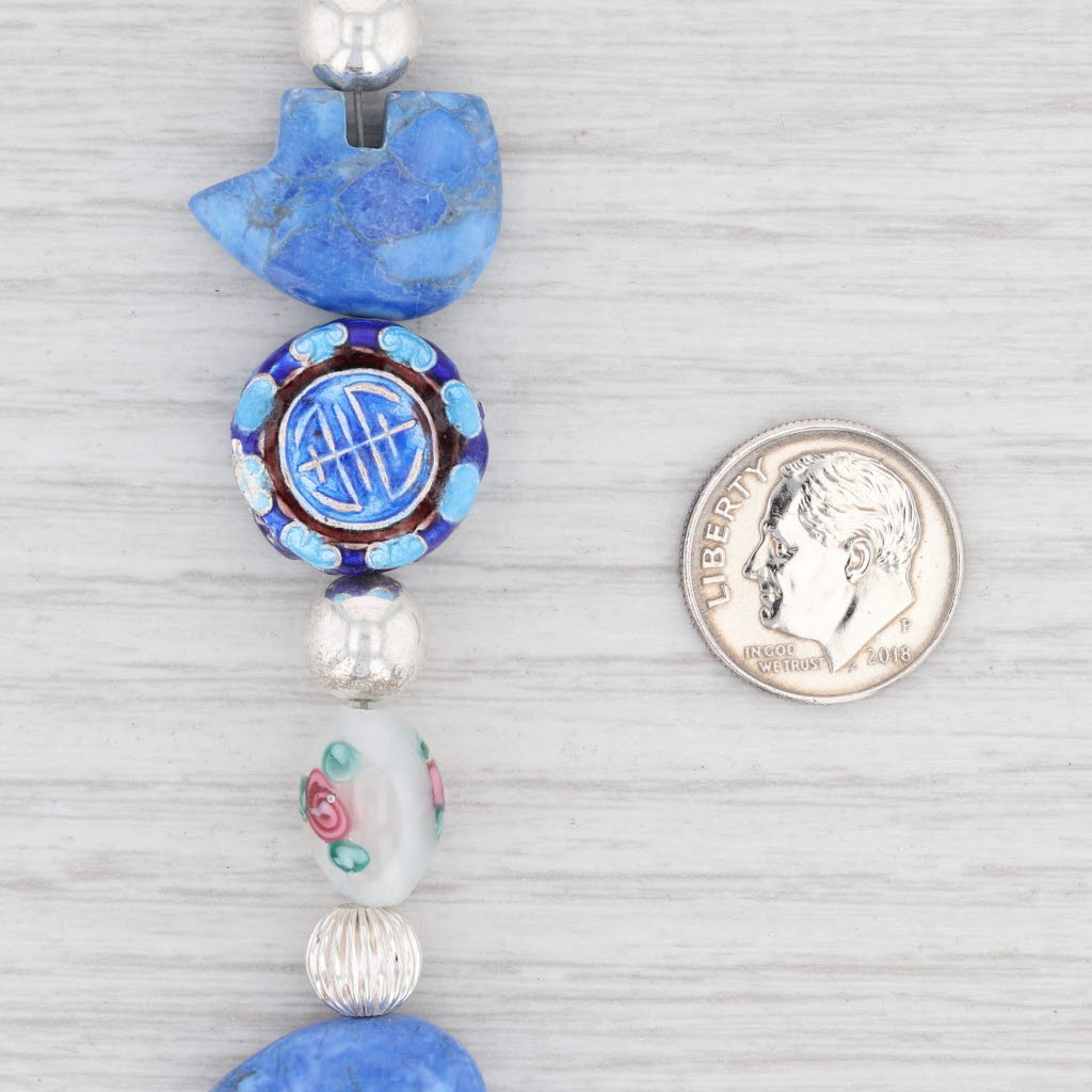 Light Gray New Bead Statement Bracelet Sterling Silver 8" Floral Ceramic Glass Sodalite