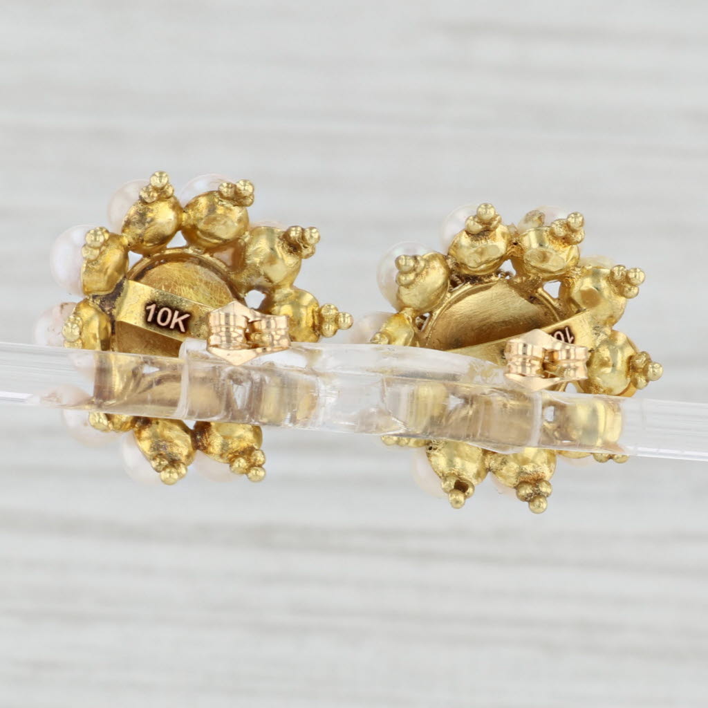 Light Gray Vintage Cultured Pearl Cluster Statement Earrings 10k Yellow Gold